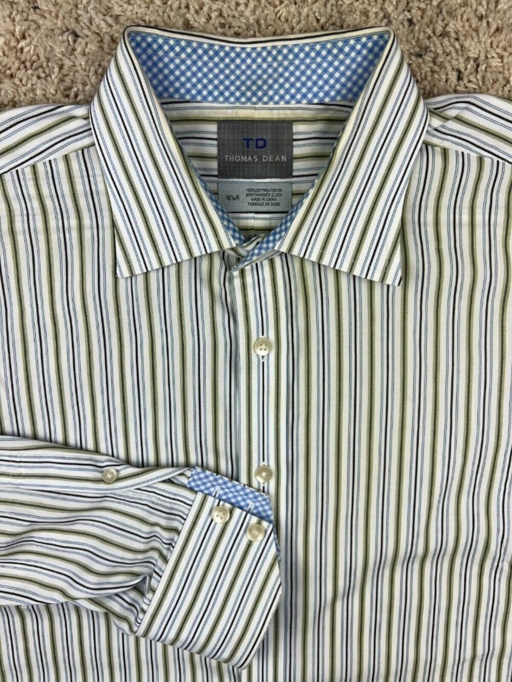 Thomas Dean Men's Striped Button Up Dress Shirt White Green Blue Size 16.5R